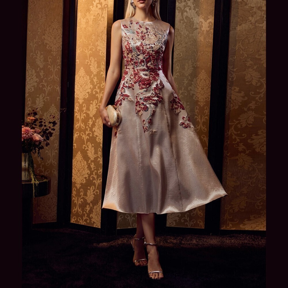 Blush Pink Floral Jacquard Sleeveless A-Line Midi Dress